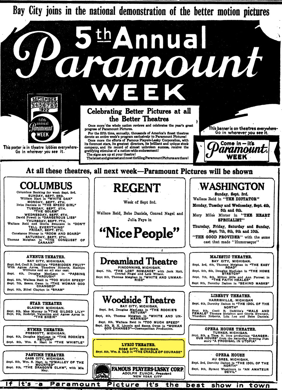 Roseland Theatre - Sept 1922 Nice Listing Of Old Theaters